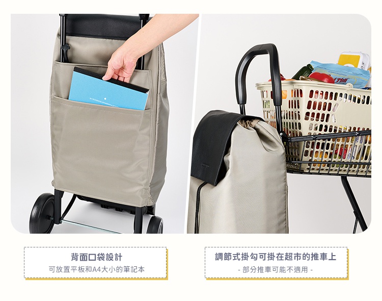 展示兩張細節圖的購物車產品照。左圖呈現購物車背面的設計，展現袋口可放入平板電腦與A4筆記本，右圖則展示購物車透過掛勾懸掛於超市推車的便利功能，並標註部分推車可能不適用，整體採用質感灰色系。