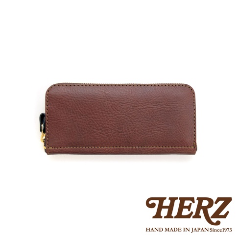 職人手作皮革經典拉鍊長夾，深棕色，紋理皮革，配有金色拉鍊及黑色皮革拉頭。