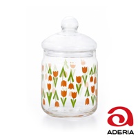 昭和復古風玻璃儲物罐，帶有橘色鬱金香與綠色葉子圖案，附有圓球狀玻璃蓋。