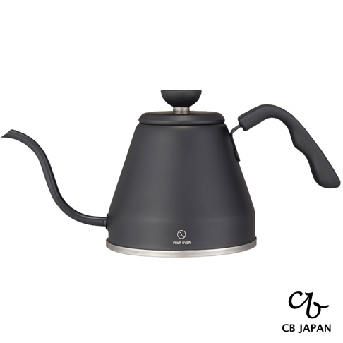 啞黑色測溫手沖咖啡壺，配有細長壺嘴、人體工學手柄及頂部溫度計。壺身底部有一圈銀色不鏽鋼飾邊，並印有「POUR OVER」字樣及圖示。