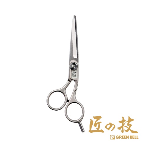 鍛造不鏽鋼理髮平剪刀，銀色金屬材質，帶有兩個圓形指環，刀刃鋒利，中段有品牌標誌。