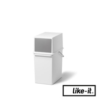 白色長版可疊垃圾桶，下方主體為白色，上方為灰色前開式推蓋，帶有金屬提把。