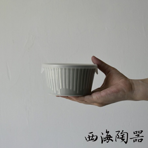 手持一個淺灰色、帶有縱向壓紋的圓形陶瓷微波小碗，碗上有透明的塑膠蓋。