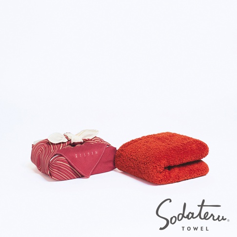 養育TOWEL 和緣紋樣風呂敷毛巾，以紅色和金色條紋布包裹，附有白色蝴蝶結，旁邊是同款的紅色毛巾。