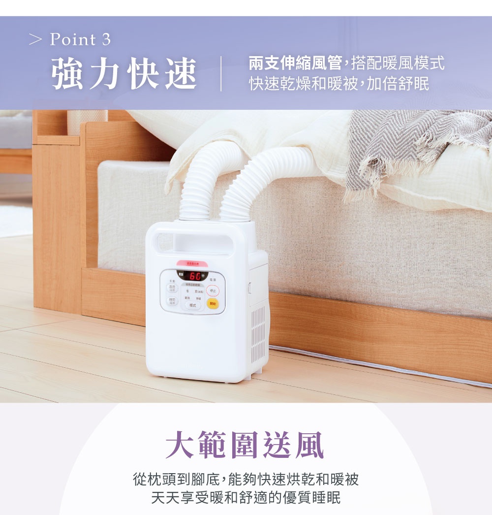 白色雙筒強力烘被機 FK-W1，配有兩條白色伸縮風管，正放置於床邊，風管伸入棉被中。機器正面有紅色數字顯示螢幕與多個功能按鈕。