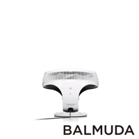 白色 BALMUDA GreenFan Cirq 循環扇，具有獨特的蕈菇狀設計，扇葉被柵欄狀外殼包覆，機身上有電源和風扇圖標按鈕，以及四個綠色指示燈。