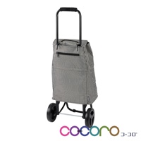 黑色細條紋布料購物車，附有黑色金屬框架、可伸縮手把和兩個黑色輪子。