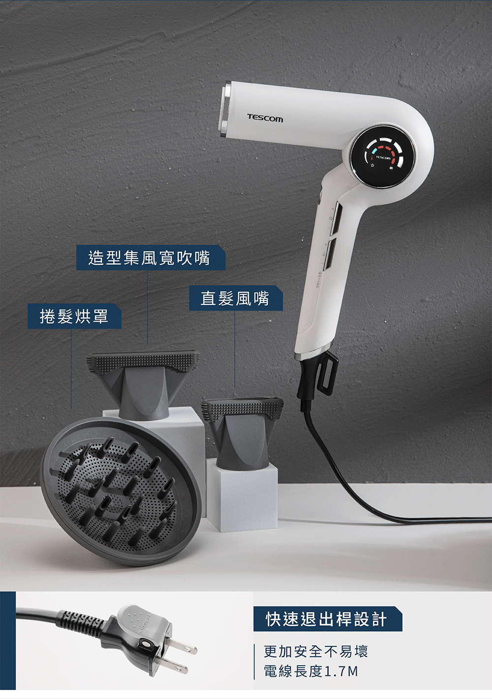 圖片文字：造型集風寬吹嘴，捲髮烘罩，直髮風嘴，快速退出桿設計，更加安全不易壞，電線長度1.7M
