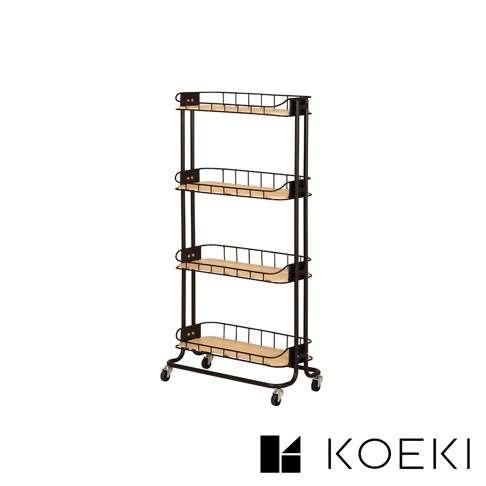 Mash四層置物多用途收納推車 BCR-640，黑色金屬框架搭配木質層板，設有網狀側邊圍欄，底部有四個萬向輪，方便移動。