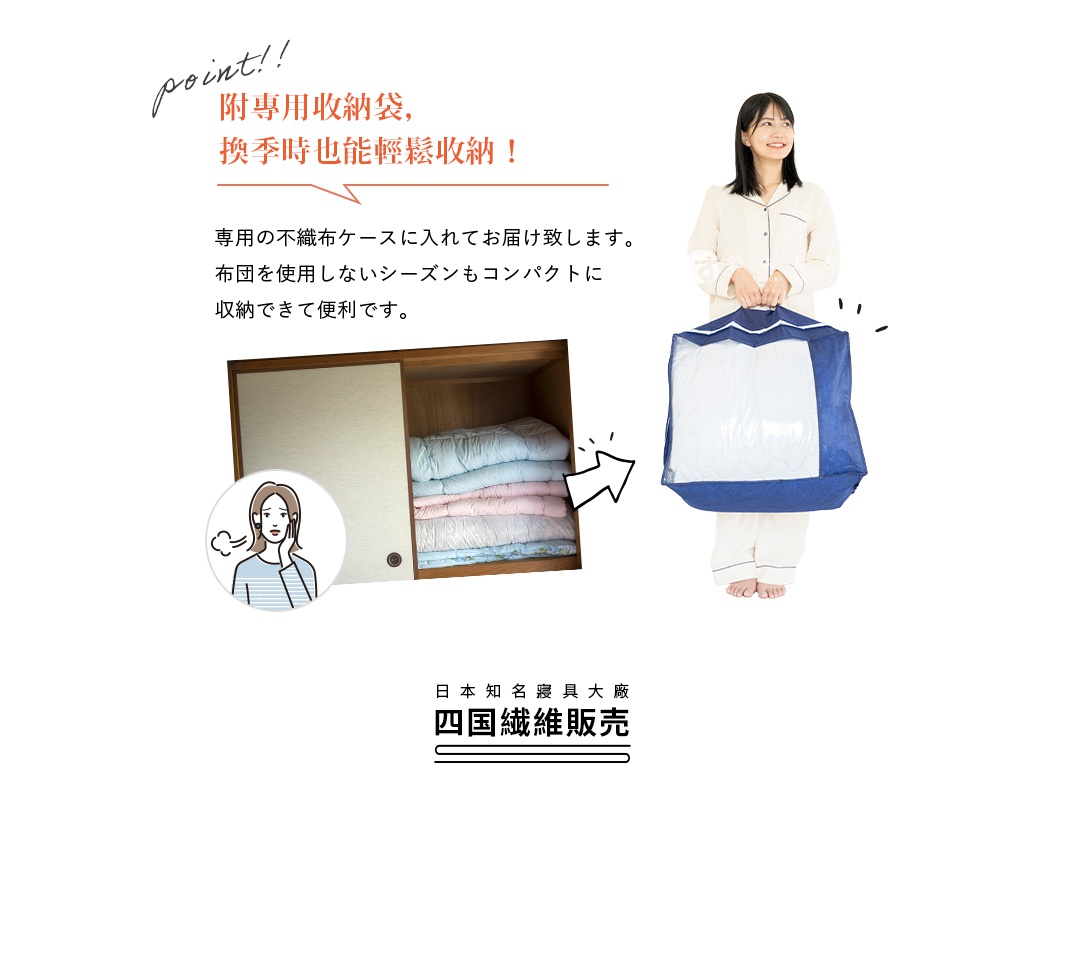 一位身穿睡衣的女性手持藍色附有透明窗的收納袋，袋內裝有藍色、粉色、淺藍色等多層疊放的被子，旁邊是已收納整齊的被子展示。