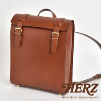 棕色皮革後背包，配有兩個金屬搭扣的翻蓋設計，風格簡約，材質厚實，適合日常攜帶。
