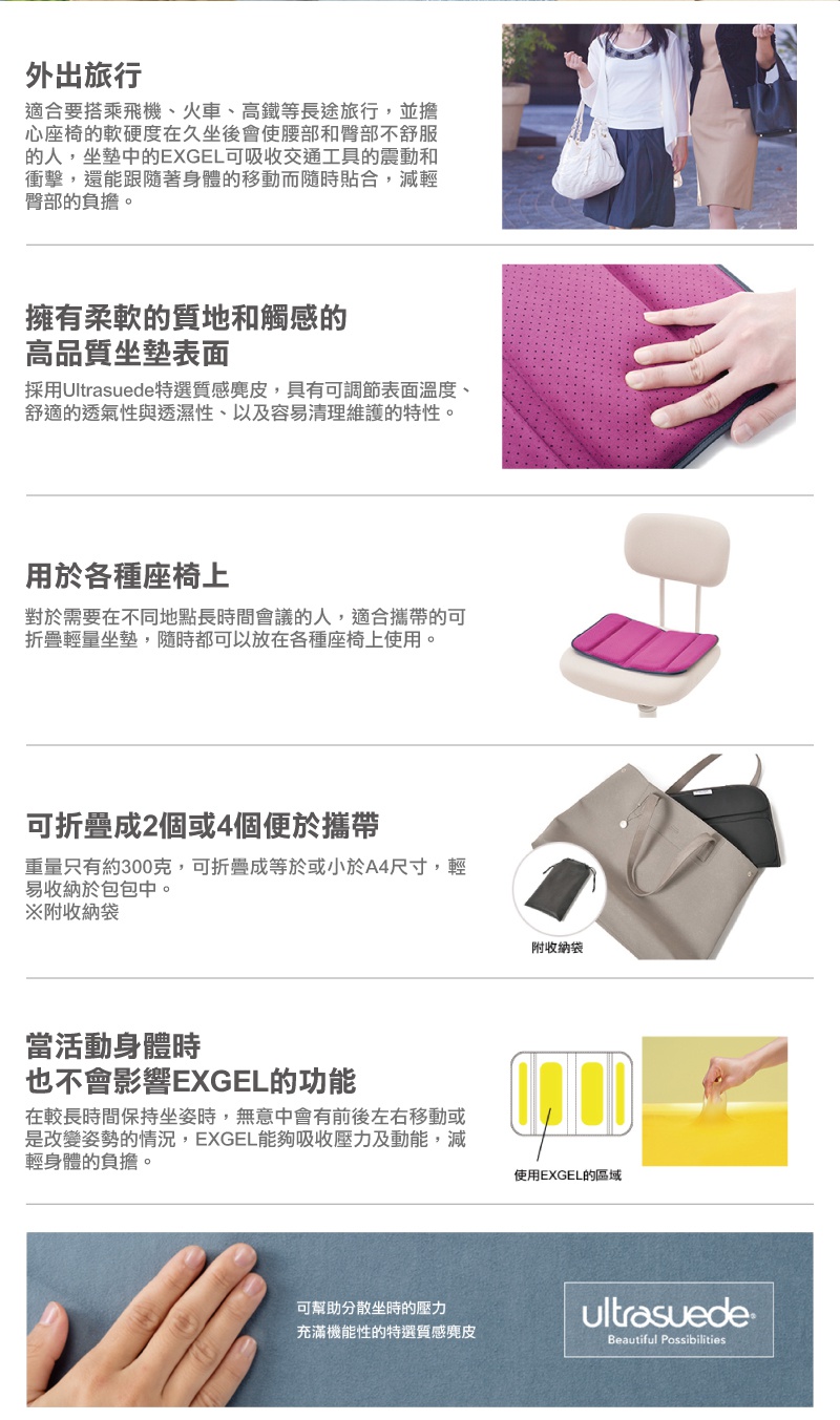 Mobile M 行動折疊坐墊，採用 Ultrasuede 特選麂皮材質，具備透氣性與調節溫度功能，有桃紅色、黑色、灰色三色可選，可折疊收納於附贈的收納袋中，重量約 300 克。