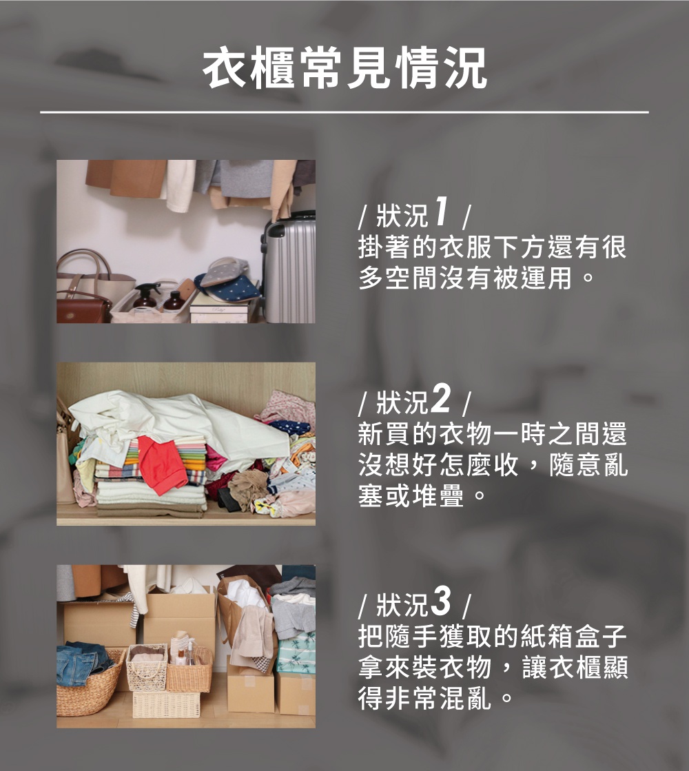 衣櫃常見情況，展示了三種不同的衣櫃整理狀態。