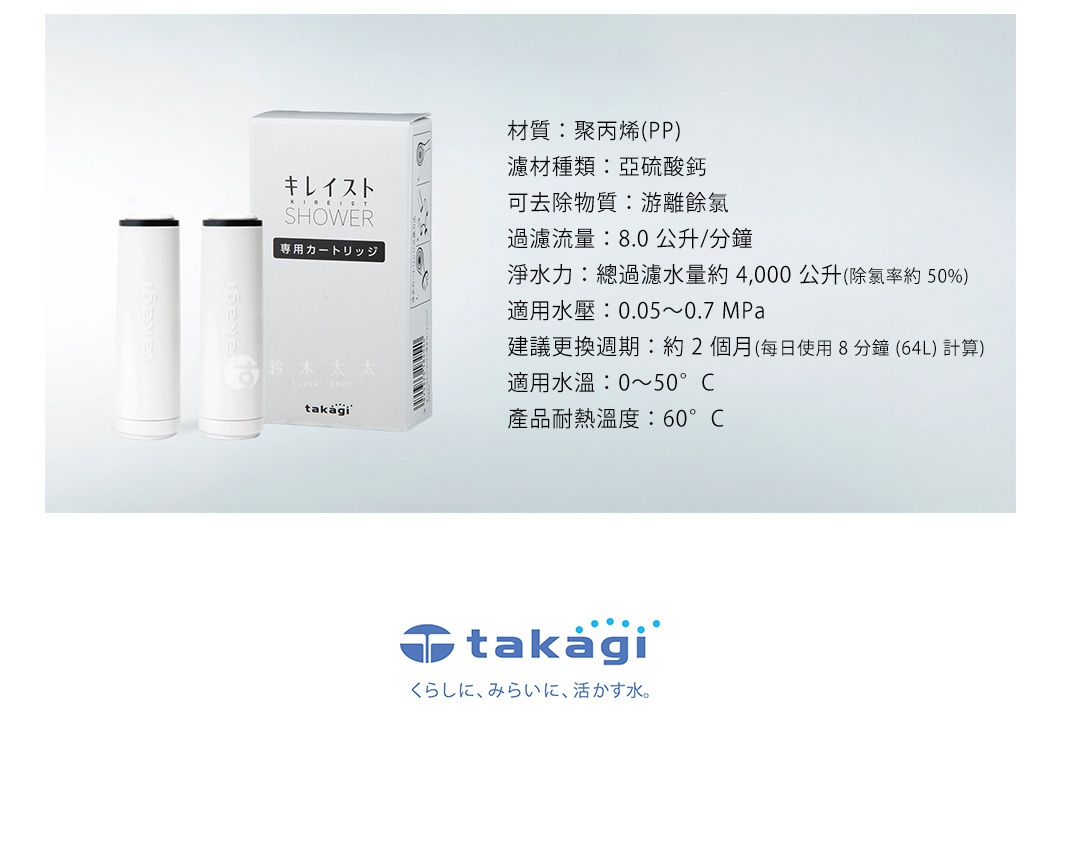 圖片文字：材質：聚丙烯(PP) 濾材種類：亞硫酸鈣 可去除物質：游離餘氯 過濾流量：8.0公升/分鐘 淨水力：總過濾水量約4,000公升(除氯率約50%) 適用水壓：0.05至0.7 MPa 建議更換週期：約2個月(每日使用8分鐘(64L)計算) 適用水溫：0至50度C 產品耐熱溫度：60度C takagi品牌標誌與口號。