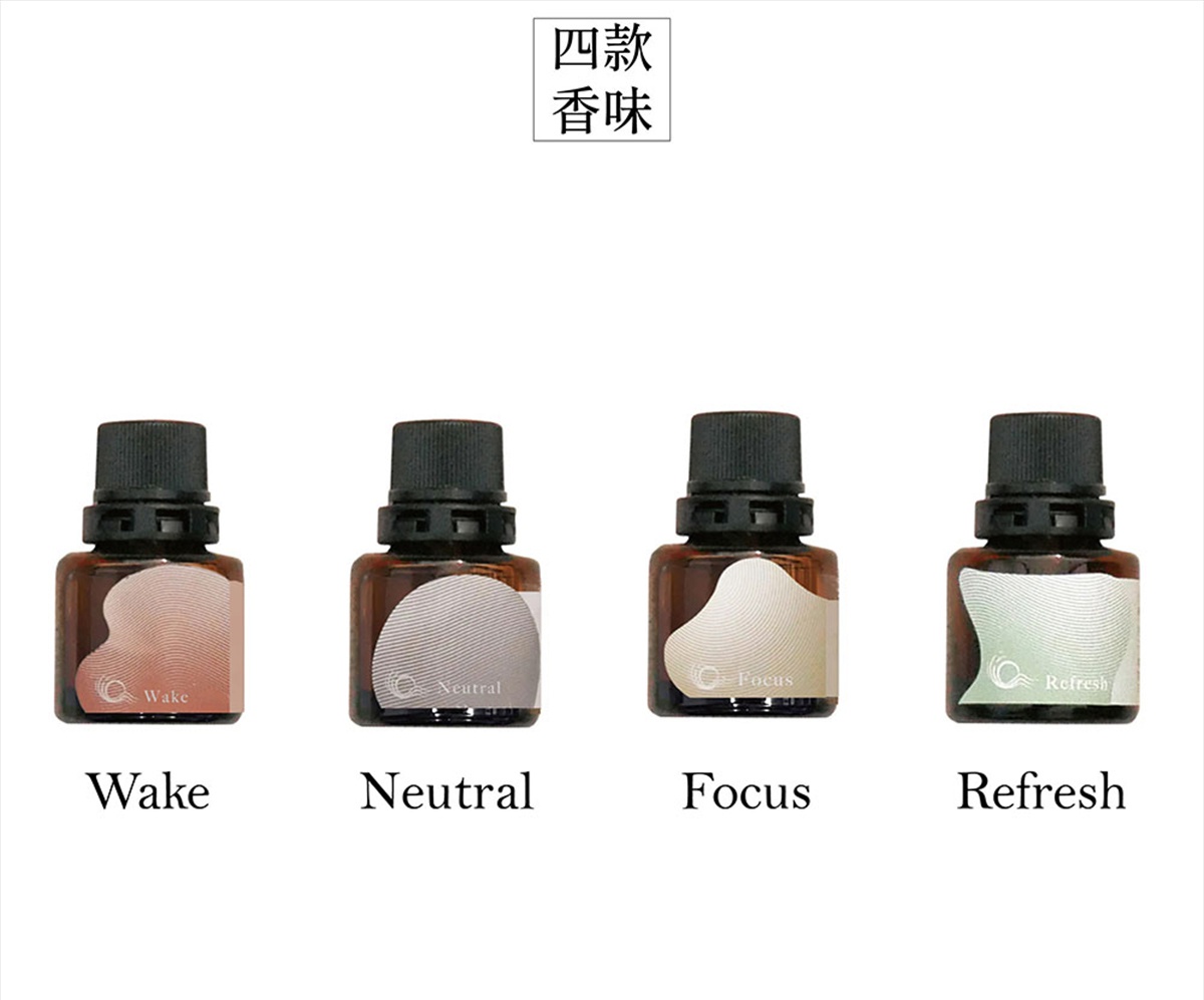 四款室內擴香石，分別是 Wake、Neutral、Focus 和 Refresh