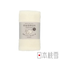 awamon 怪物級綿柔起泡親膚沐浴巾，顏色為淡黃色，材質呈現網狀紋理，中間包裹著品牌標籤，標籤上印有品牌名稱、產品說明及可愛的卡通圖案。