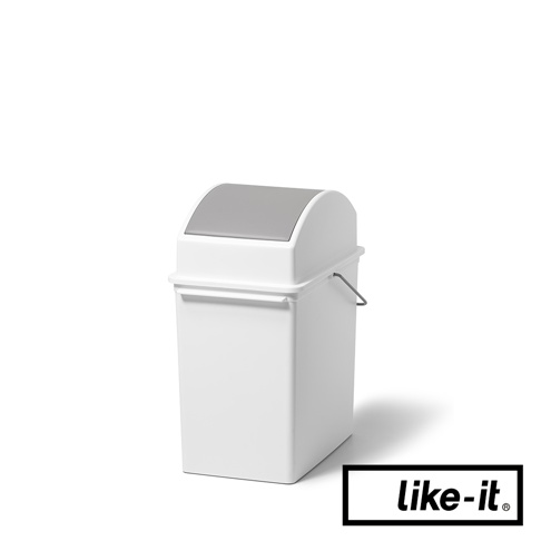 白色矮版搖蓋式垃圾桶，配有灰色頂蓋和銀色提把，由塑膠製成。