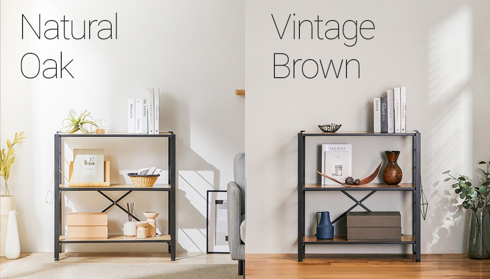 展示兩種不同顏色的IRIS OHYAMA萬能摺疊層架，一種為Natural Oak色，另一種為Vintage Brown色，層架上擺放著書籍、裝飾品和植物。