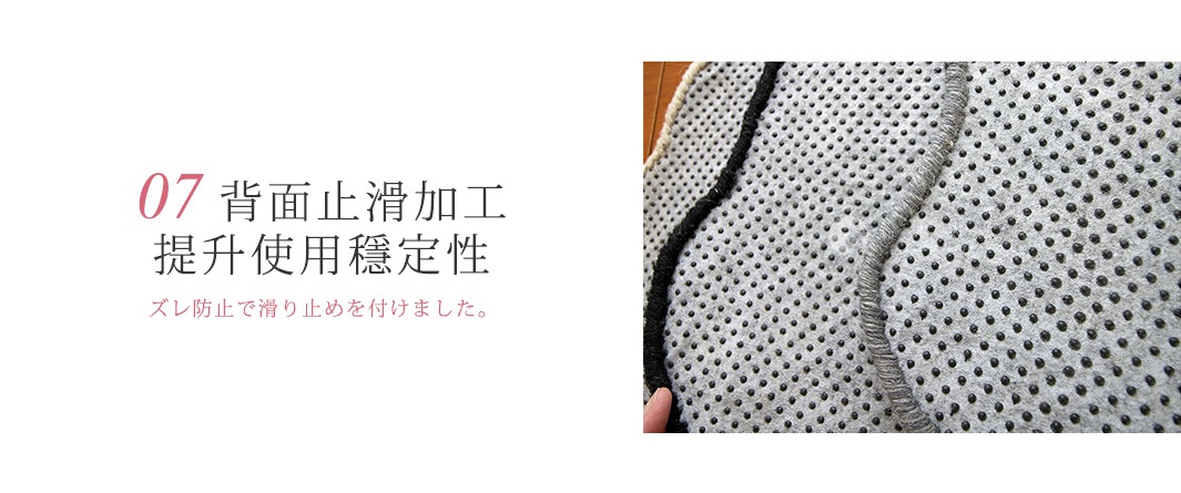 這張圖片展示了 Sunnyday 羊毛手工造型椅墊的背面細節，背面採用防滑設計，鋪滿黑色小型點狀防滑顆粒以提升使用穩定性，並有邊緣收邊縫線，有效防止椅墊在使用過程中滑動。
