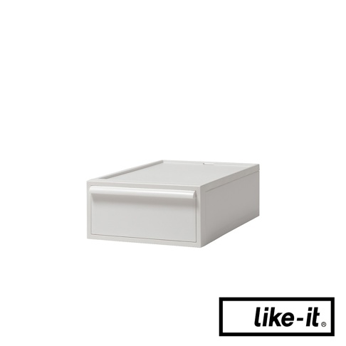 淺灰色塑膠抽屜式收納箱，箱體側面有圓弧形把手，頂部平坦，可堆疊設計，尺寸為S號。