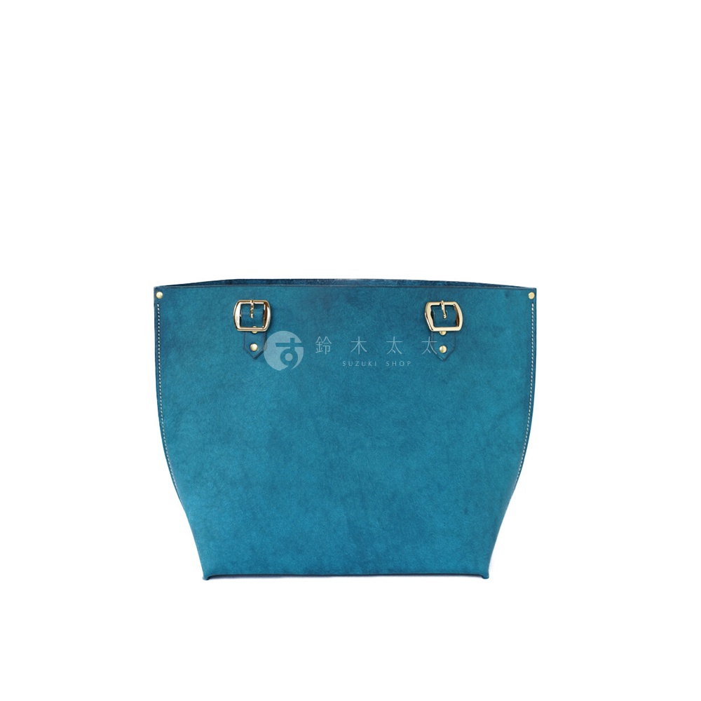 北海道KASANE職人手作義大利Margot皮革托特包 No.43，藍色，側面有金色搭扣裝飾，中央有品牌標誌和Suzuki Shop字樣