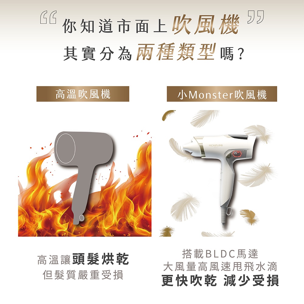 你知道市面上吹風機其實分為兩種類型嗎？左邊是模擬高溫吹風機，右邊是小Monster吹風機，搭載BLDC馬達，大風量高速甩水滴，更快吹乾減少受損。