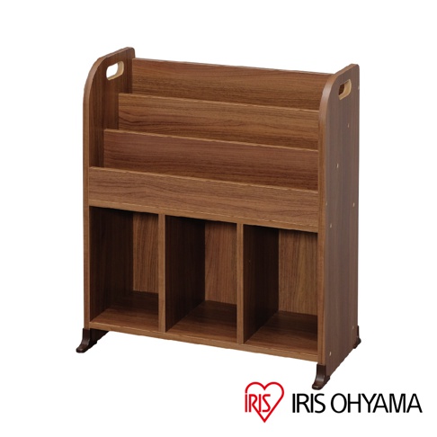 童心繪本架 ER-6030，木紋色， MDF 材質。上方有四層傾斜的書架，方便擺放繪本。下方有三個方形收納格，底部有兩個小巧的支腳，側邊有提手設計。