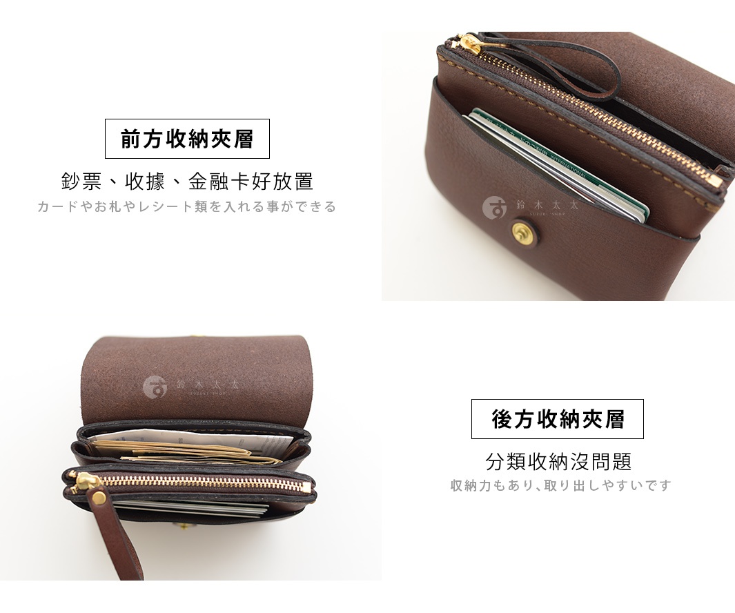 職人手作皮革旅行用雙層錢包，深棕色，展示前方和後方收納夾層，可放置鈔票、收據、金融卡。