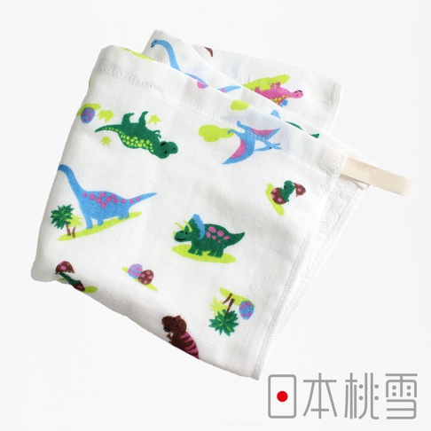 白色紗布方巾，印有各式可愛的恐龍圖案，包括藍色長頸龍、綠色三角龍、綠色劍龍及粉紅色翼龍等。材質柔軟，適合嬰幼兒使用。