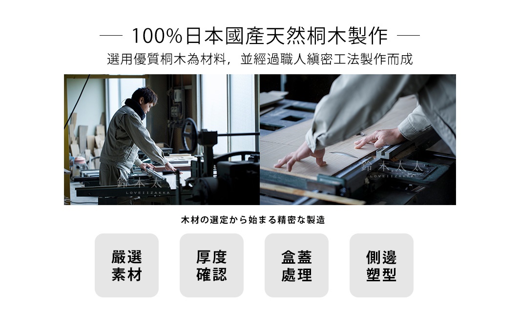 -100%日本國產天然桐木製作-
選用優質桐木為材料，並經過職人縝密工法製作而成
木材の選定から始まる精密な製造

嚴選素材

厚度確認

盒蓋處理

側邊塑型