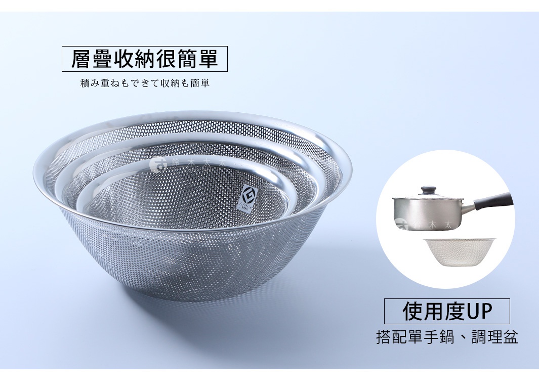 柳宗理設計的不鏽鋼瀝水盆，採用耐用的18-8不鏽鋼材質，網狀結構方便食材瀝水。圖片呈現多個尺寸的瀝水盆層疊收納的狀態，並附有一張右側圓形小圖，展示瀝水盆搭配單手鍋與調理盆的實用情境，整體設計簡約實用。