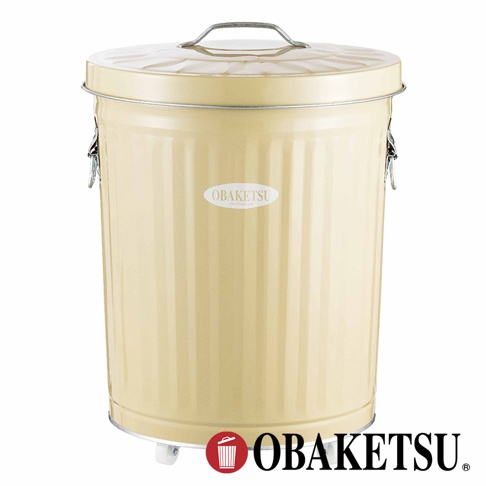 OBAKETSU 奶油色附輪垃圾桶，帶有壓紋桶身和金屬提把