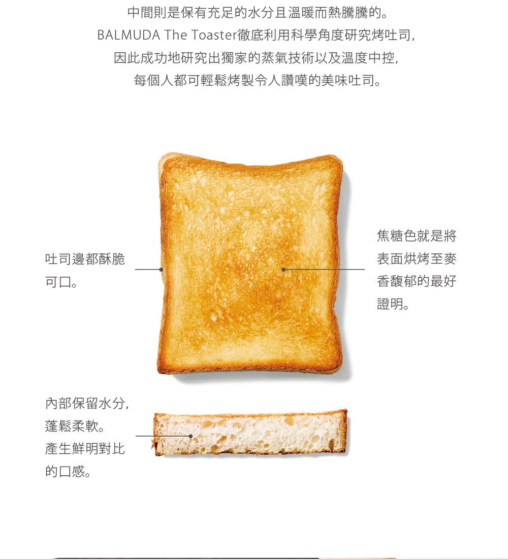 烤至金黃焦糖色的吐司，表面酥脆，內部鬆軟濕潤。