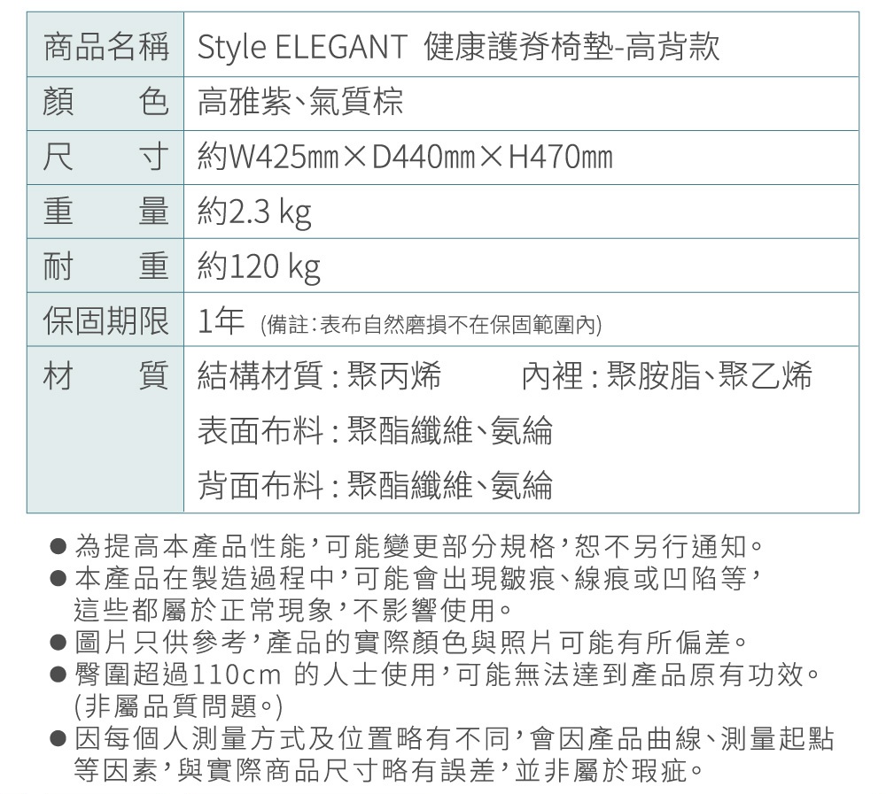 圖片文字：商品名稱 Style ELEGANT 健康護脊椅-高背款 顏色 高雅紫、氣質棕 尺寸 約W425mm×D440mm×H470mm 重量 約2.3 kg 耐重 約120 kg 保固期限 1年（備註：表布自然磨損不在保固範圍內） 材質 結構材質：聚丙烯 內裡：聚胺脂、聚乙烯 表面布料：聚酯纖維、氨綸 背面布料：聚酯纖維、氨綸