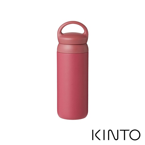 簡約設計的玫瑰粉色保溫瓶，配有同色系的提把瓶蓋，瓶身為霧面材質，整體呈現圓潤的線條感。