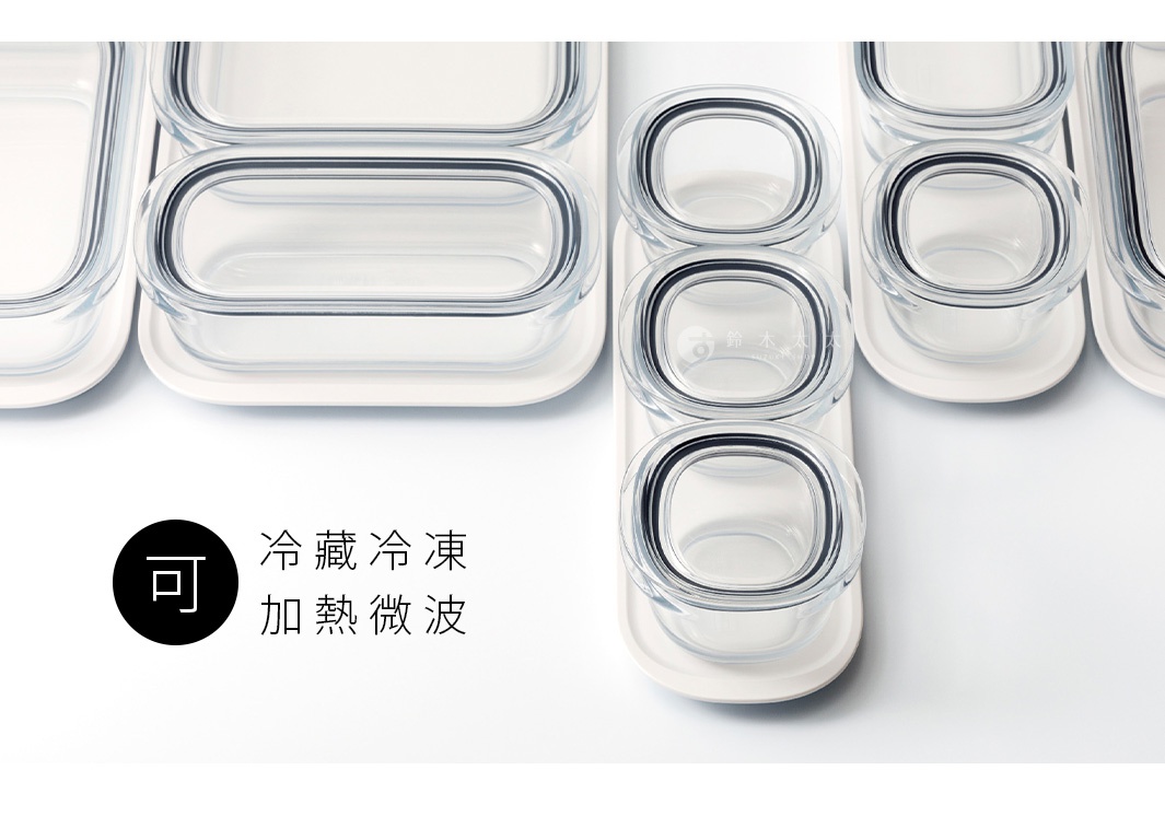 一組清透的方形與長方形玻璃保鮮盒，帶有黑色密封蓋，置於白色托盤上，部分產品標示可冷藏、冷凍及微波加熱。