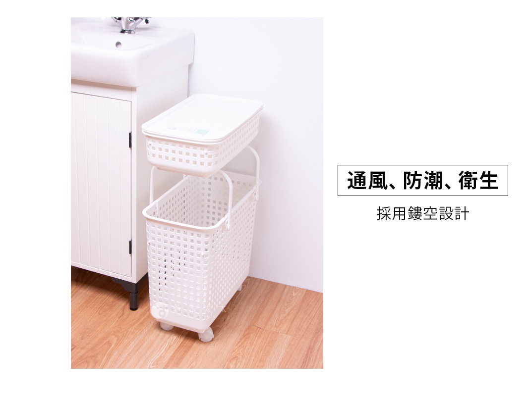 兩個白色塑膠洗衣籃，一個帶蓋，另一個較大，放置在白色浴室櫃旁，文字說明通風、防潮、衛生。