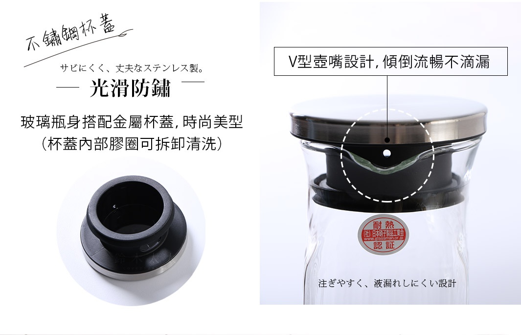 耐熱玻璃瓶身搭配霧面不鏽鋼蓋，瓶口處有V型壺嘴設計，內有黑色矽膠圈，方便傾倒不易滴漏。