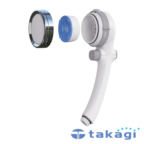 白色與灰色組成的自由切換除氯蓮蓬頭，包含銀色金屬邊框的蓮蓬頭本體、藍色濾芯及白色蓮蓬頭手柄，各部件呈爆炸式組合。