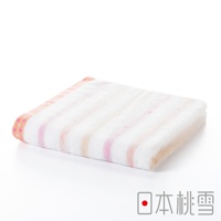 今治小花毛巾，白色毛巾帶有粉色、橘色和淺黃色條紋，一角點綴粉色小圓點，材質為純棉。