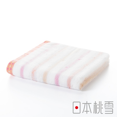 今治小花毛巾，白色毛巾帶有粉色、橘色和淺黃色條紋，一角點綴粉色小圓點，材質為純棉。