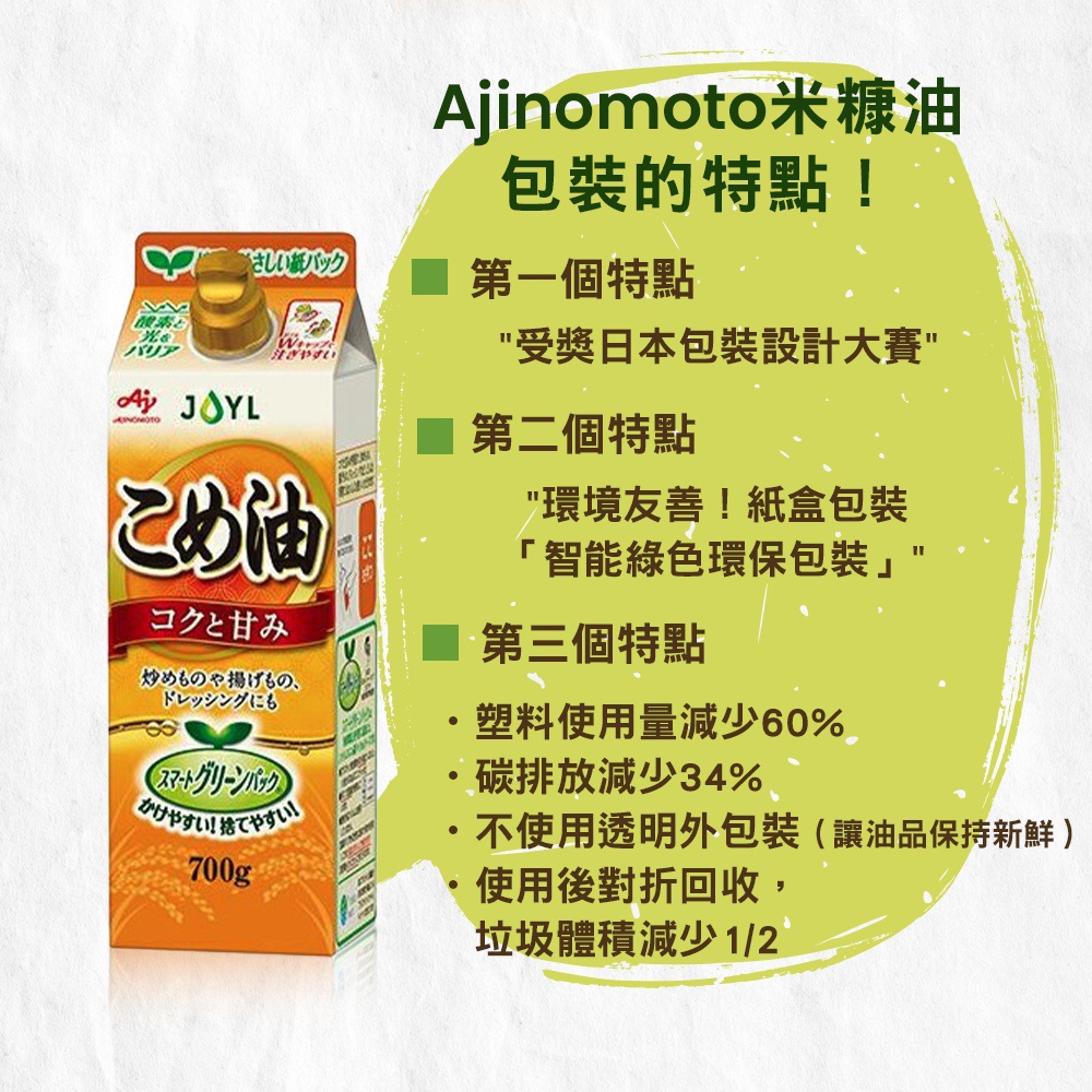 Ajinomoto 米糠玄米油 700g 盒裝，以黃色、白色和紅色為主色調，上面印有日文和中文的產品資訊及特色說明。