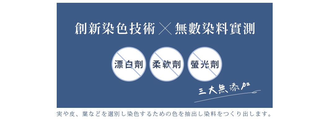 創新染色技術 x 無數染料實測

漂白劑

柔軟劑

螢光劑

実や皮、葉などを選別し染色するための色を抽出し染料をつくり出します。
