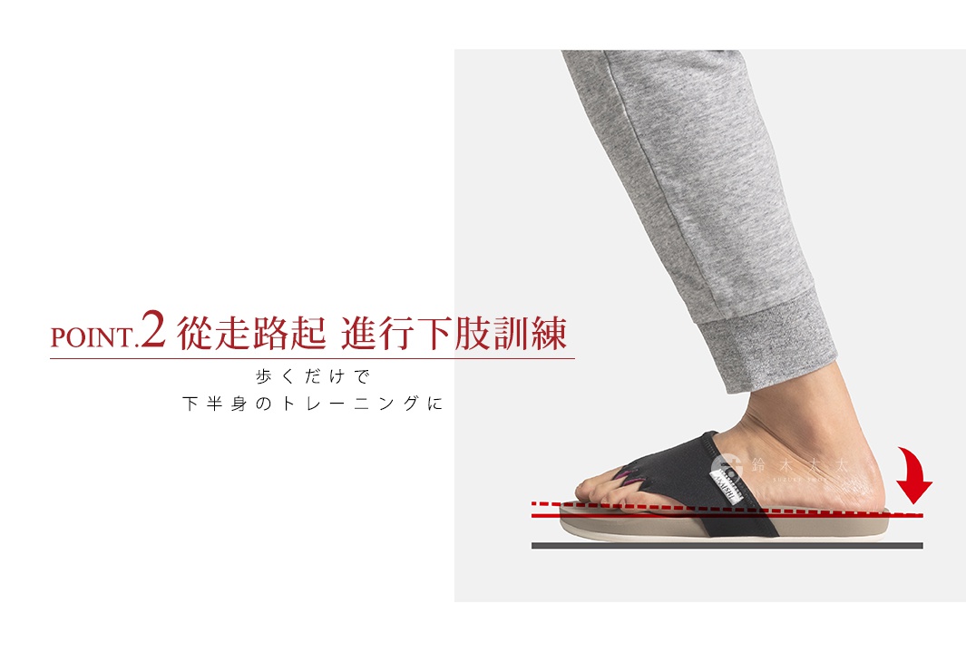 一隻腳穿著黑色五指訓練拖鞋，鞋面有白色標誌。拖鞋的鞋底為淺棕色，能看到腳趾分開。背景為灰色，左側有日文文字說明。
