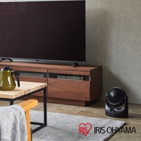 黑色小型空氣循環扇，圓形風扇網罩，可調節角度，置於木質電視櫃旁的灰色地毯上。