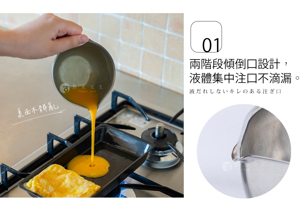 圖片文字：01 兩階段傾倒口設計，液體集中注口不滴漏。液だれしないキレのある注ぎ口。桌面不髒亂。 這是一張產品使用情境圖，左側畫面展示一隻手拿著不鏽鋼料理備料盆，將蛋液倒入煎鍋中，盆緣的特殊兩階段設計讓液體精準流出且不滴漏，旁邊標註著桌面不髒亂的說明；右側圓形特寫鏡頭清晰展示了備料盆邊緣的注口構造細節。