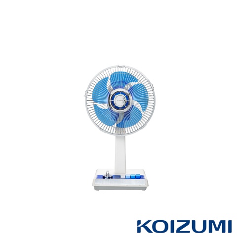 白色復古桌上型電風扇，配備藍色扇葉和銀色護網，底座為白色，帶有藍色和銀色的按鈕控制面板。