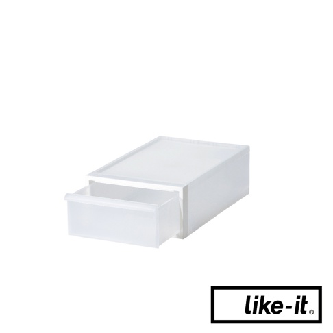 白色半透明塑膠抽屜式收納箱，側面有抽屜，可堆疊設計。
