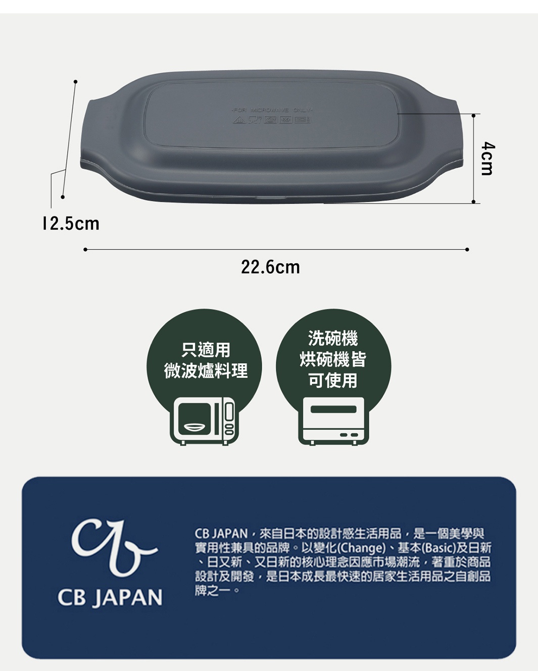 CB JAPAN 微波爐專用燒烤盤，尺寸為 12.5 x 22.6 x 4 公分，可適用於微波爐及洗碗機，強調日本設計的生活用品。