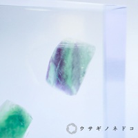 一塊1.5公分厚切型片的螢石標本，呈現紫色與綠色的條紋，置於透明展示盒中，背景為淺藍色調。